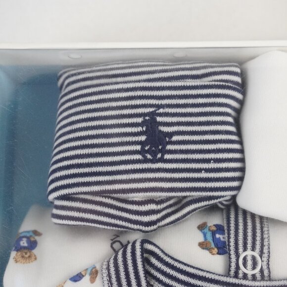 Ralph Lauren Polo Baby Onesie, Bib & Beanie Gift Set in White/Blue Size 9M - NWT - Picture 5 of 9